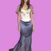 Elegant woman in a satin evening gown with a corset top and flowing skirt, bla bla.