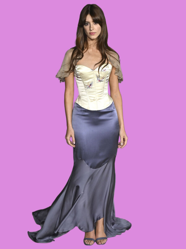 Elegant woman in a satin evening gown with a corset top and flowing skirt, bla bla.