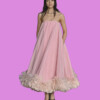 Elegant pink dress worn by a model at a fashion event, bla bla.