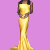 A woman in a stunning yellow satin gown with black shoulder accents, standing on a red carpet at the BFI London Film Festival, bla bla.
