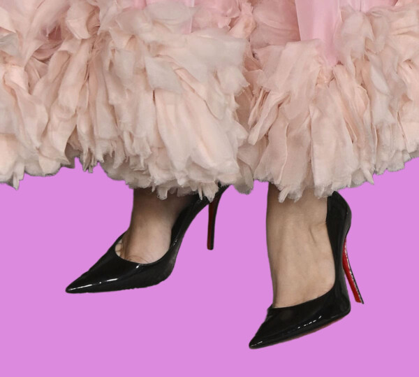 Elegant pink dress with high heels, bla bla.