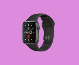 Smartwatch on Purple Smartwatch on purple background. bla bla. The watch displays fitness data, time, and activity rings.