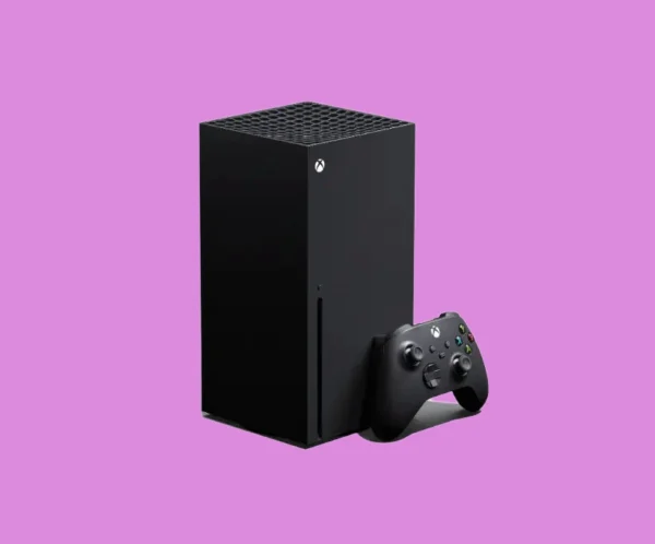 A black Xbox Series X gaming console with a matching controller, bla bla.