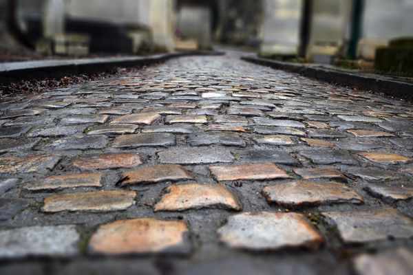 Cobblestone railway track close-up, showing textured stones and railway rails, in an outdoor setting with blurred background.
