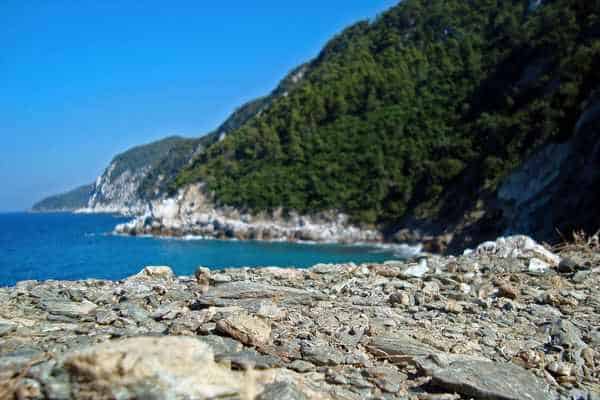 A rocky shoreline with a lush green hillside meeting a calm blue sea under a clear sky.