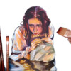 A girl with long hair is painting on a canvas, with a set of brushes on the side and a hand holding a brush, bla bla.