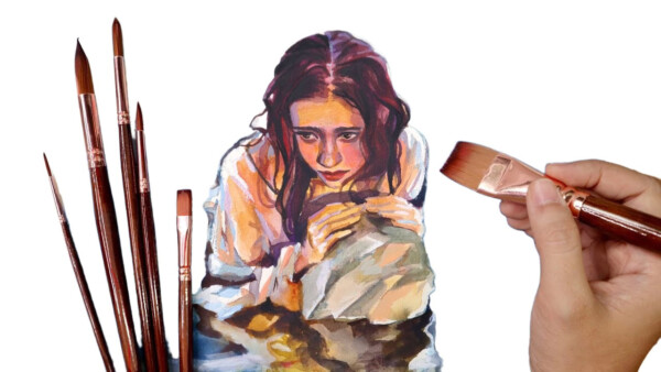 A girl with long hair is painting on a canvas, with a set of brushes on the side and a hand holding a brush, bla bla.