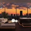 A luxurious rooftop lounge with modern furniture, glowing lamps, and a hot tub, overlooking a city skyline at sunset. bla bla.